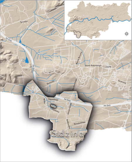 Orientacyjna lokalizacja dawnej wsi Sidzina w obecnych granicach Krakowa – na planie miasta oznaczono jej położenie
w kształcie wyznaczonym granicami jednostki katastralnej, jaką stanowiła, ze wskazaniem najstarszego, historycznego
centrum Sidziny w rejonie dzisiejszej ulicy Wrony