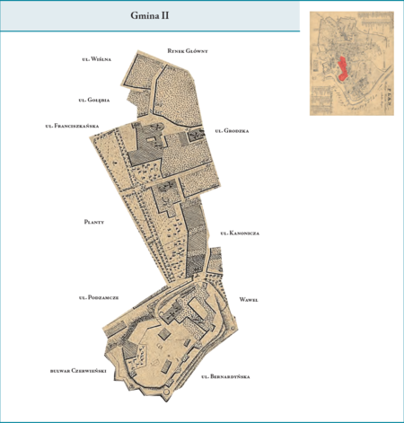 Gmina II według stanu z roku 1816 na przywołanym wcześniej planie miasta z 1831 r. – na jej powierzchnię składały
się dzisiejsze: południowa pierzeja Rynku Głównego, wschodnia pierzeja ul. Wiślnej do ul. Gołębiej, wschodnia
część ul. Gołębiej, ul. Bracka i część ul. Franciszkańskiej, pl. Wszystkich Świętych, zachodnia część ul. Poselskiej,
ul. Senacka, zachodnia pierzeja ul. Grodzkiej do wysokości ul. Senackiej, jak też ul. Kanonicza, początkowo bez
fragmentu wschodniej pierzei, należącej do Gminy I, następnie już w całości w Gminie II. Ta całość od strony zachodniej
zamknięta była linią Plant. W granicach Gminy II znajdował się także Wawel i ul. Podzamcze. Użyte tutaj i przy
powyższym planie dzielnicy nazwy terenowe podano według nazewnictwa obowiązującego aktualnie.