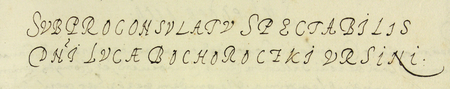 Z księgi radzieckiej obejmującej lata 1598–1601 strony 430–431 z nagłówkiem otwierającym wpisy spaw prowadzonych
za kadencji burmistrzowskiej Łukasza Bochorockiego w 1599 roku – oraz powiększenie zapisu imienia i funkcji burmistrza
(Archiwum Państwowe w Krakowie, sygn. rkps 455, s. 430–431)