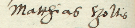 Z akt sądowych wielkorządcy krakowskiego obejmujących lata 1549–1553: fragment wpisu z 1551 roku
dokumentującego sprawę z udziałem rajców kleparskich, z Maciejem Szoltisem w składzie – zbliżenie zapisu imienia
(Archiwum Narodowe w Krakowie, sygn. Teut. 61, s. 111)