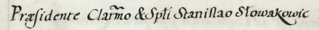 Z urzędowego spisu rajców obejmującego lata 1363–1802 fragment strony 36 z wpisem o wyborze do rady miejskiej
na miejsce po zmarłym Jerzym Kentzu (nr 557) Pawła Soldadiniego (nr 572), czego dokonano
za kadencji burmistrzowskiej Stanisława Słowakowica w 1701 roku – oraz powiększenie zapisu imienia i funkcji burmistrza
(Archiwum Państwowe w Krakowie, sygn. rkps 1477, s. 36)