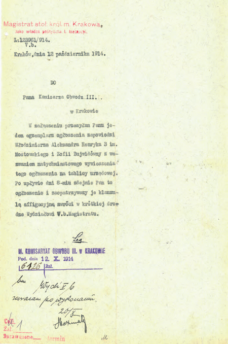 Z akt magistrackich Akta ślubów cywilnych 1911–1915 dokument pochodzący z roku 1914 – polecenie
wywieszenia na tablicy urzędowej ogłoszenia zapowiedzi ślubnej oraz potwierdzenie wykonania sygnowane
przez komisarza Stanisława Woźniaka
(Archiwum Narodowe w Krakowie, sygn. Kr 2459, s. 1955)