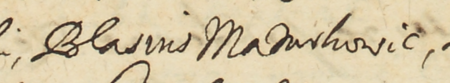 Z księgi radzieckiej Kleparza obejmującej lata 1618–1785: fragment dokonanego w 1649 roku
wpisu dokumentującego obrady rajców kleparskich, z rajcą Błażejem Mazurkowiczem w składzie,
w sprawie wydzierżawienia miejskiej nieruchomości – zbliżenie zapisu imienia
(Archiwum Narodowe w Krakowie, sygn. KL 115, s. 280)