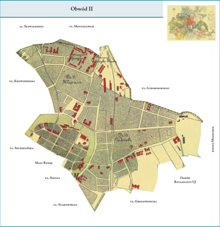 Obwód II według stanu z lutego 1912 r. na przywołanym wcześniej planie miasta z 1912 r. – tę dzielnicę administracyjną
tworzyły tereny północnej część dzielnicy katastralnej I–Śródmieście oraz dzielnic katastralnych V–Kleparz i VI–Wesoła,
jak też fragment dzielnicy katastralnej VII–Smoleńsk. Obwód ten zajmował w przybliżeniu północno-wschodnią i wschodnią
część Krakowa sprzed przyłączeń dokonanych w ramach tworzenia Wielkiego Krakowa, tj. sprzed 1910 r. Użyte przy
powyższym planie dzielnicy nazwy terenowe podano według nazewnictwa obowiązującego aktualnie.