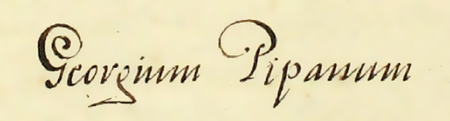 Z księgi radzieckiej obejmującej lata 1621–1629 fragment strony 872 z wykazem rajców urzędujących
wybranych na rok 1628, wśród których znajduje się Jerzy Pipan – oraz powiększenie zapisu imienia
(Archiwum Państwowe w Krakowie, sygn. rkps 459, s. 872)