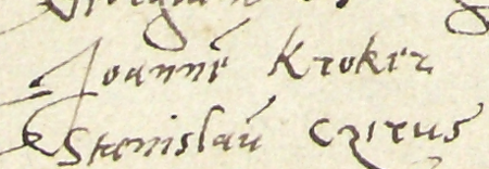 Z księgi radzieckiej obejmującej lata 1549–1552 strony 776–777 z wykazem rajców urzędujących
nominowanych na rok 1552, wśród których znajduje się Jan Krokier – oraz powiększenie zapisu imienia
(Archiwum Państwowe w Krakowie, sygn. rkps 442, s. 776–777)