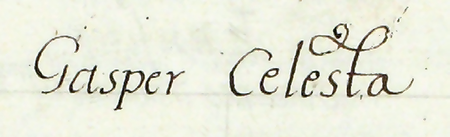 Z księgi radzieckiej obejmującej lata 1661–1664 strona 307 z wykazem rajców urzędujących
nominowanych na rok 1663, wśród których znajduje się Kasper Celesta – oraz powiększenie zapisu imienia
(Archiwum Państwowe w Krakowie, sygn. rkps 465, s. 307)