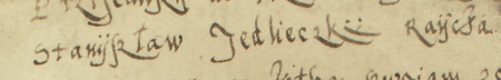 Z księgi wójtowskiej Kleparza obejmującej lata 1567–1571: początkowy fragment wpisu z 1568 roku dotyczącego
sporu w rodzinie Stanisława Jedleckiego, rajcy kleparskiego – oraz zbliżenie zapisu imienia i urzędu
(Archiwum Narodowe w Krakowie, sygn. KL 6, s. 4v)