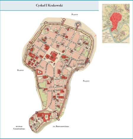 283
drugi podział terytorialny krakowa – na 4 cyrkuły (7.04.1792–12.09.1792 oraz 24.04.1794–15.06.1794)
2. poczet wójtów cyrkułowych
Cyrkuł I Krakowski
Cyrkuł I Krakowski według stanu z roku 1792 na przywołanym wcześniej planie miasta zrekonstruowanym w 1926 r.
Granicę tej dzielnicy (tj. cyrkułu) wyznaczała linia murów obronnych miasta, w granicach tych znajdowało się także wzgórze wawelskie
z Zamkiem. Użyte przy powyższym planie dzielnicy nazwy terenowe podano według nazewnictwa obowiązującego aktualnie.