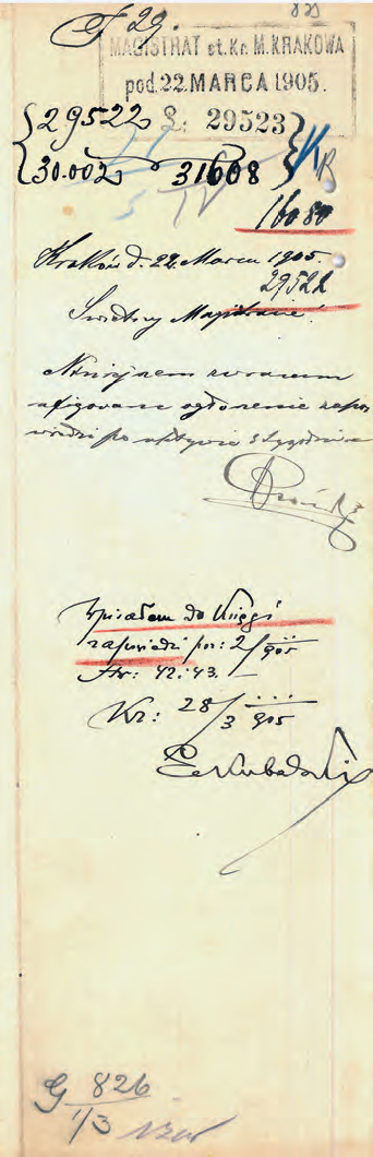 Z akt ślubów cywilnych 1896–1910 ogłoszenie zapowiedzi z roku 1905 oraz informacja
komisarza Franciszka Górskiego o wywieszeniu ogłoszenia na tablicy ogłoszeń wraz
z terminami dokonania tych czynności
(Archiwum Narodowe w Krakowie, sygn. Kr 2458, s. 1027, 1030)