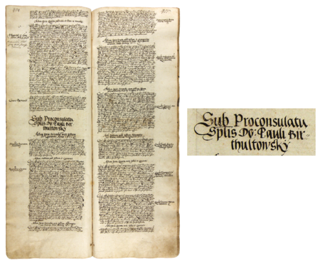 Z księgi radzieckiej obejmującej lata 1567–1576 strony 404–405 z nagłówkiem otwierającym wpisy spraw prowadzonych
za kadencji burmistrzowskiej Pawła Biertułtowskiego w 1571 roku – oraz powiększenie zapisu imienia i funkcji burmistrza

(Archiwum Państwowe w Krakowie, sygn. rkps 446, s. 404–405)