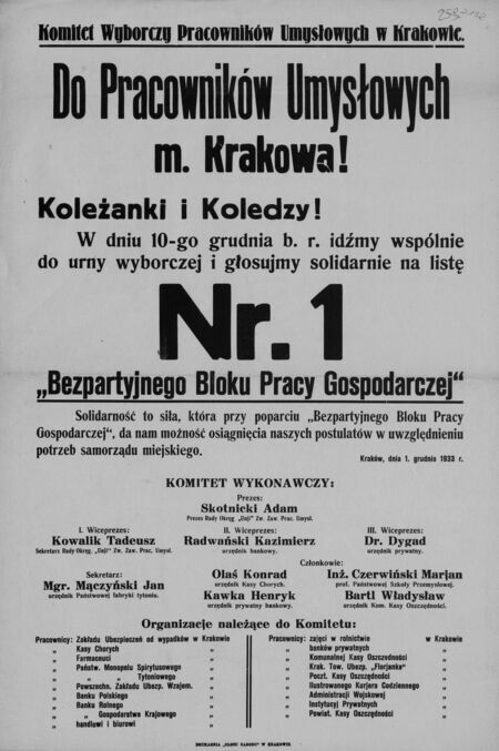 Afisz z kampanii przed wyborami do krakowskiej Rady Miejskiej,
które przeprowadzono 10 grudnia 1933 roku.