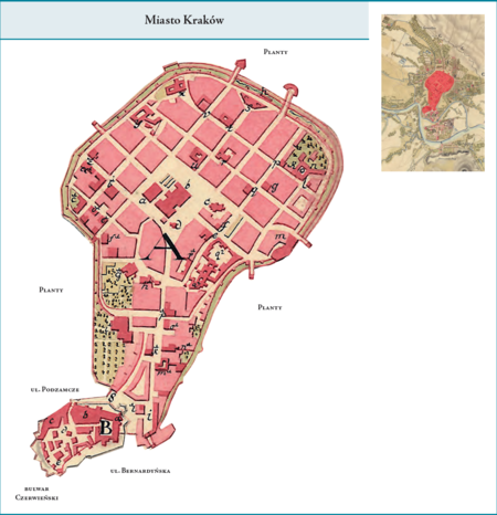 Gmina I Kraków według stanu z roku 1811 na przywołanym wcześniej planie miasta z 1811 r. – analogicznie, jak
w poprzednich okresach od podziału terytorium na cyrkuły w roku 1792, ta centralna dzielnica miasta obejmowała
dawny Kraków w obrębie murów miejskich wraz ze wzgórzem wawelskim i Zamkiem. Należy przyjąć, że instalacje
związane z funkcją obronną murów, a leżące na zewnątrz (jak np. fosy), pozostawały pod pieczą Gminy I, natomiast
przedpola (dzisiejsza zasadnicza część szerokości Plant), wchodziły w skład terytoriów gmin przyległych. Użyte przy
powyższym planie dzielnicy nazwy terenowe podano według nazewnictwa obowiązującego aktualnie.