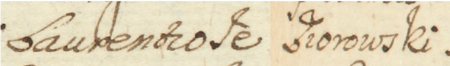 Z akt sądowych wielkorządcy krakowskiego obejmujących lata 1685–1696: fragment wpisu z 1689 roku dokumentującego
sprawę majątkową kupca krakowskiego Macieja Kotuleckiego i jego żony Agnieszki Dygaszowicowej z udziałem
(wśród szeregu innych rajców kazimierskich) Jakuba Stanisława Groszkiewicza (nr 325) i Wawrzyńca Jeziorowskiego –
zbliżenie zapisu imienia (Archiwum Narodowe w Krakowie, sygn. Teut. 75, s. 281)