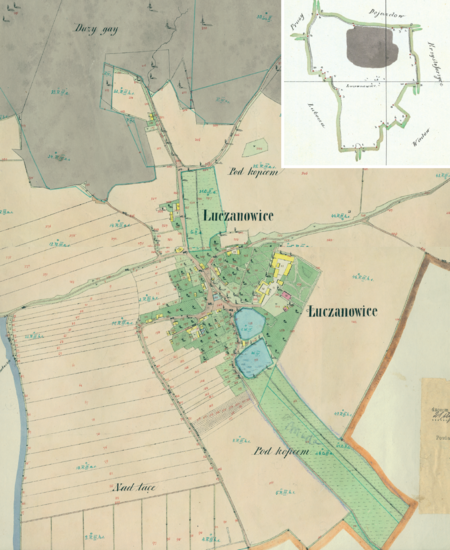 Centrum Łuczanowic na mapie katastralnej sporządzonej dla gminy katastralnej Łuczanowice w 1850 roku oraz pochodzący
z lat 1847–1848 plan sytuacyjny z wyrysowanymi granicami gminy Łuczanowice i lokalizacją gmin sąsiadujących
(Archiwum Narodowe w Krakowie, sygn. K. Krak. 349 I, II, III; sygn. WM 562, s. 2063)