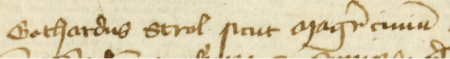 Z księgi ławniczej obejmującej lata 1419–1430 strony 68–69 z wpisem z 1423 roku, stwierdzającym, że Gotard Strol,
burmistrz, w imieniu całej rady miejskiej rezygnuje z kramu sukiennego niegdyś znajdującego się w rękach Stanisława
z Muchowa (nr 138) na rzecz Piotra Fettera (nr 172) działającego w imieniu Mikołaja Bastgerta (nr 193) –
oraz powiększenie zapisu imienia i funkcji burmistrza (Archiwum Państwowe w Krakowie, sygn. rkps 5, s. 68–69)