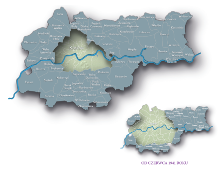 Na planie obrazującym dzisiejsze granice Krakowa miejscowości przyłączone do Krakowa
po 1915 roku, oznaczone kolorem szarym określającym ich przynależność quasi-państwową
w latach 1939–1945 do okupacyjnego, niemieckiego Generalnego Gubernatorstwa