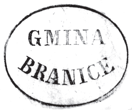 (1860)
Odciski pieczęci urzędowych Branic
z lat 1860, 1906, 1927 i 1949
(Archiwum Narodowe w Krakowie,
sygn. 29/456/195, nlb.; sygn. PUZKr 45,
s. 28; sygn. 29/205/69a, nlb.;
sygn. Gm. Ru. 13, s. 533)