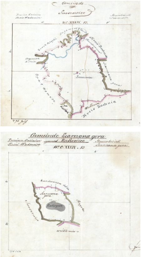 Z map katastru gruntowego sporządzone w 1843 roku plany sytuacyjne z wyrysowanymi granicami
gmin Swoszowice i Siarczana Góra oraz lokalizacją gmin sąsiadujących
(Archiwum Narodowe w Krakowie, sygn. K. Krak. op. 147, s. 1, 2)