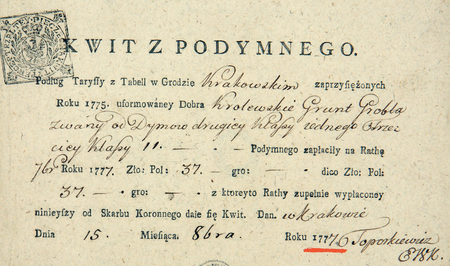 Z akt różnych jurydyki Groble obejmujących lata 1724–1792: kwit z 1777 roku, potwierdzający wniesienie raty podatku od domów na gruncie jurydyki Groble (Archiwum Narodowe w Krakowie, syg. Jur. IX, s. 7)