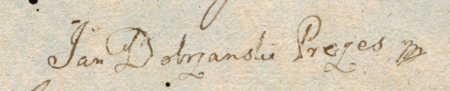 Z akt magistratu miasta Kazimierza z lat 1797–1802: jeden z ostatnich zachowanych dokumentów wystawionych
przez władze samodzielnego miasta Kazimierza – wydane 1 maja 1802 roku przez burmistrza Jana Dobrzańskiego,
podpisanego jako „prezes”, obwieszczenie o mającej się odbyć 18 maja w siedzibie Urzędu Cyrkularnego Krakowskiego
licytacji domu położonego na krakowskim przedmieściu Piasek – oraz zbliżenie podpisu wraz z zapisem urzędu
(Archiwum Państwowe w Krakowie, sygn. K 356, s. 725)