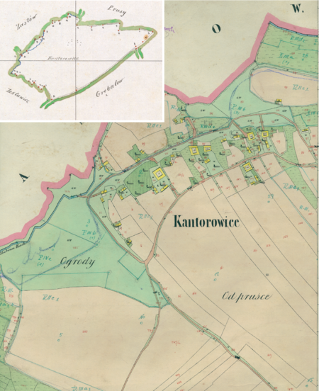 Centrum Kantorowic na mapie katastralnej sporządzonej dla gminy katastralnej Kantorowice w 1850 roku oraz pochodzący
z lat 1847–1848 plan sytuacyjny z wyrysowanymi granicami gminy Kantorowice i lokalizacją gmin sąsiadujących
(Archiwum Narodowe w Krakowie, sygn. K. Krak. 214 I; sygn. WM 562, s. 1455)