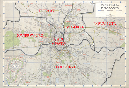 Podział Krakowa na 6 dzielnic administracyjnych stanowiących, obok gmin, podstawowe
jednostki podziału terytorialnego kraju – według stanu z roku 1958, to jest z uwzględnieniem
zmiany wprowadzonej w roku 1957, na Planie Miasta Krakowa w wydaniu z roku 1964.
Podstawa rysunku granic dzielnic: vide s. 207
(Biblioteka Jagiellońska, sygn. M 41/50)