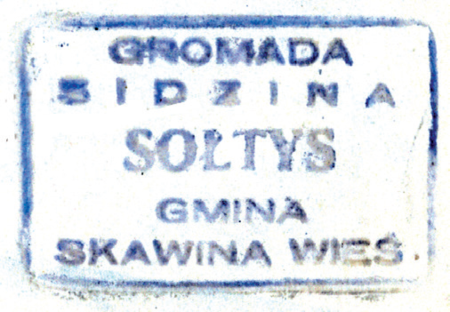 (1947)
Odciski pieczęci urzędowych Sidziny z lat
1845, 1926 i 1947 1947 oraz odcisk pieczęci
uniwersyteckiej z 1799 roku
(Archiwum Narodowe w Krakowie,
sygn. K. Krak. op. 102, s. 21;
sygn. PUZKr 58, nlb.; sygn. Gm. Skw. 23,
s. 471; Archiwum Uniwersytetu Jagiellońskiego,
sygn. perg. 1113)