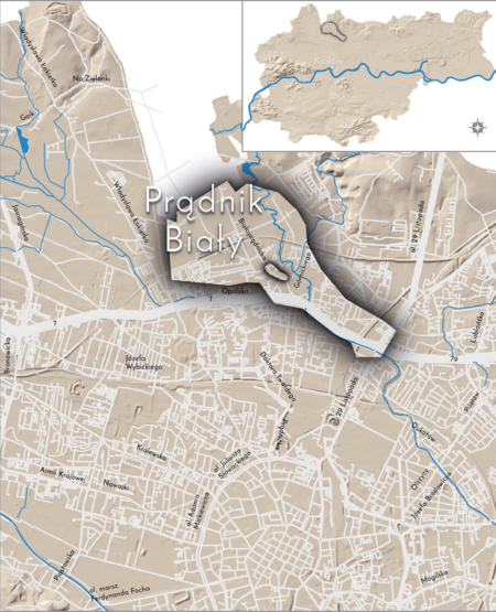 Orientacyjna lokalizacja dawnej wsi Prądnik Biały w obecnych granicach Krakowa – na planie miasta oznaczono
jej położenie w kształcie wyznaczonym granicami jednostki katastralnej, jaką stanowiła, ze wskazaniem
najstarszego, historycznego centrum Prądnika Białego w rejonie dzisiejszej ulicy Białoprądnickiej