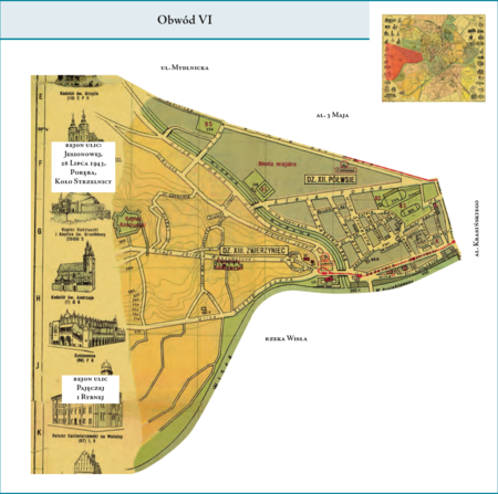 Obwód VI według stanu z listopada 1928 r. na przywołanym wcześniej planie miasta z 1934 r. – powierzchnię dzielnicy
administracyjnej, którą stanowił Obwód VI, tworzyły tereny dzielnic katastralnych XII–Półwsie Zwierzynieckie i XIII–Zwierzyniec.
Od zachodu powierzchnia Obwodu VI sięgała granicy miasta, biegnącej – od południa ku północy – w rejonie ulic Rybnej, Pajęczej,
Koło Strzelnicy, Poręba, 28 Lipca 1943 i Jesionowej. Od północnej strony Obwód ograniczały ul. Mydlnicka i al. 3 Maja, od wschodu
al. Krasińskiego (od zbiegu z al. 3 Maja i ul. Focha do mostu Dębnickiego). Granicę południową na całej jej długości stanowiła rzeka
Wisła. Użyte tutaj i przy powyższym planie dzielnicy nazwy terenowe podano według nazewnictwa obowiązującego aktualnie.