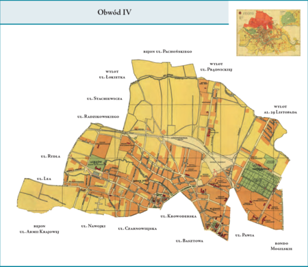 Obwód IV według stanu z roku 1938 na przywołanym wcześniej planie miasta z ok. 1939 r. – dzielnica kleparska, obejmująca Nową
Wieś, Łobzów, Krowodrzę, Kleparz i Warszawskie, czyli pięć dzielnic katastralnych, których zewnętrzne granice co do zasady wytyczały
granice Obwodu. W przyszłości obszar ten, pomniejszony o Nową Wieś, Łobzów i Warszawskie, ale powiększony o przyległe tereny
przyłączone do Krakowa w 1941 r., stanie się w 1954 r. trzonem dużej dzielnicy administracyjnej Kleparz. Teren położony między
al. Słowackiego i ul. Kamienną a Plantami będzie oczekiwał na przyłączenie do dzielnicy śródmiejskiej aż do roku 1973. Użyte przy
powyższym planie dzielnicy nazwy terenowe podano według nazewnictwa obowiązującego aktualnie.