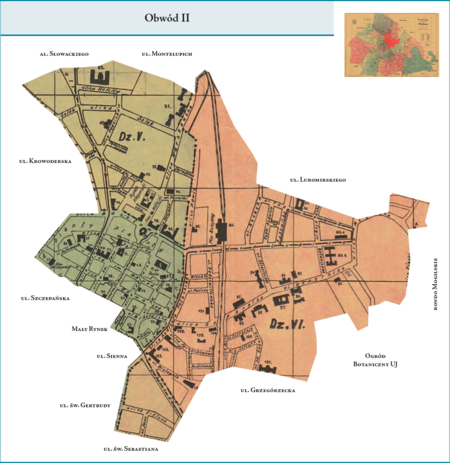 Obwód II według stanu z roku 1924 na przywołanym wcześniej planie miasta z 1925 r. – tę dzielnicę administracyjną
stanowiły: północna część dzielnicy katastralnej I–Śródmieście oraz w całości dzielnice katastralne V–Kleparz i VI–Wesoła
oraz fragment dzielnicy katastralnej VII–Smoleńsk. W zasadzie była to północno-wschodnia i wschodnia część Krakowa
sprzed przyłączeń dokonanych w ramach tworzenia Wielkiego Krakowa, tj. sprzed 1910 r. Użyte przy powyższym planie
dzielnicy nazwy terenowe podano według nazewnictwa obowiązującego aktualnie.