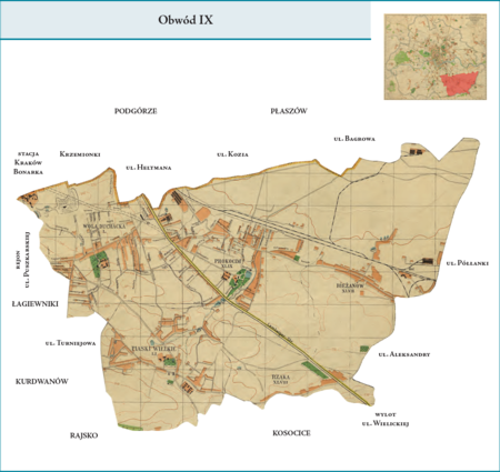 Obwód IX według stanu z roku 1941 na przywołanym wcześniej planie miasta z 1943 r. – następna z dzielnic
administracyjnych powstałych w całości na terenach przyłączonych do miasta w 1941 r. Obejmowała nowo powstałe
dzielnice katastralne XLVII–Bieżanów (tylko część tej gminy weszła w granice Krakowa, reszta gminy Bieżanów została
przyłączona do miasta w 1973 r.), XLVIII–Rżąka, XLIX–Prokocim, L–Wola Duchacka i LI–Piaski Wielkie. Obwód
ten zajmował zatem powierzchnie, o które poszerzono miasto od strony południowo-wschodniej. Użyte przy powyższym
planie dzielnicy nazwy terenowe podano według nazewnictwa obowiązującego aktualnie.