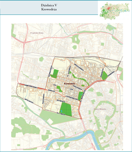 Dzielnica V Krowodrza według stanu z 2017 r. na przywołanym wcześniej planie miasta z tego samego roku – dzielnica samorządowa
o powierzchni 5,62 km² (udział 1,72% w całej powierzchni miasta), położona na terenach historycznych jednostek katastralnych:
Nowa Wieś i Czarna Wieś, po części także Krowodrza i Łobzów, fragmentami Kleparz i Bronowice Wielkie (vide plan na s. 239).
Opis przebiegu granic tej dzielnicy podano na następnej stronie.