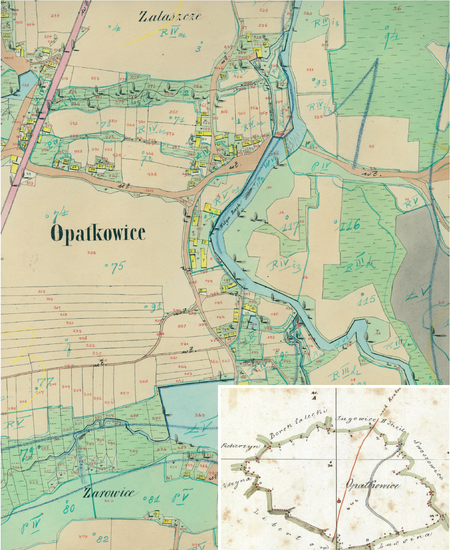 Centrum Opatkowic na mapie katastralnej sporządzonej dla gminy katastralnej Opatkowice w 1848 roku oraz
pochodzący z 1845 roku plan sytuacyjny z wyrysowanymi granicami tej gminy oraz lokalizacją gmin sąsiadujących
(Archiwum Narodowe w Krakowie, sygn. K. Krak. 408 IV; sygn. K. Krak. op. 102, s. 3)