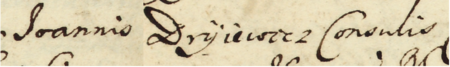 Z księgi wójtowsko-ławniczej Kleparza obejmującej lata 1668–1682: fragment wpisu z 1670 roku
dokumentującego sprawę pomiędzy rajcą Marcinem Grudniewiczem (nr 169) a sukcesorami zmarłego rajcy Jana Dryjewicza – zbliżenie zapisu imienia i urzędu (Archiwum Narodowe w Krakowie, sygn. KL 14, s. 56)