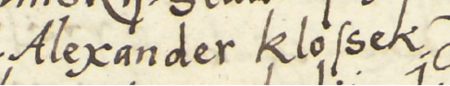 Z księgi radzieckiej Kazimierza obejmującej lata 1565–1569: fragment wpisu dokumentującego
wybór rady urzędującej na rok 1569, z Aleksandrem Kłoskiem w składzie – oraz zbliżenie zapisu imienia
(Archiwum Narodowe w Krakowie, sygn. K 15, s. 911)