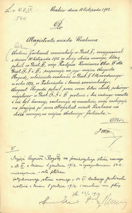 Z akt magistrackich Stróże nocni w dzielnicach przyłączonych 1910–1921
dokument pochodzący z roku 1912 – wniosek o powołanie stróża nocnego w Filii
Komisariatu Obwodu IV przedstawiony przez komisarza Jana Chryzostoma Włocha
(Archiwum Narodowe w Krakowie, sygn. Kr 6800, nlb)