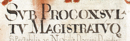 Z księgi radzieckiej obejmującej lata 1581–1584 strona 524 z tytułem otwierającym wpisy spraw prowadzonych
za kadencji burmistrzowskiej Daniela Chroberskiego w 1584 roku – oraz powiększenie zapisu imienia i funkcji burmistrza
(Archiwum Państwowe w Krakowie, sygn. rkps 448, s. 524)