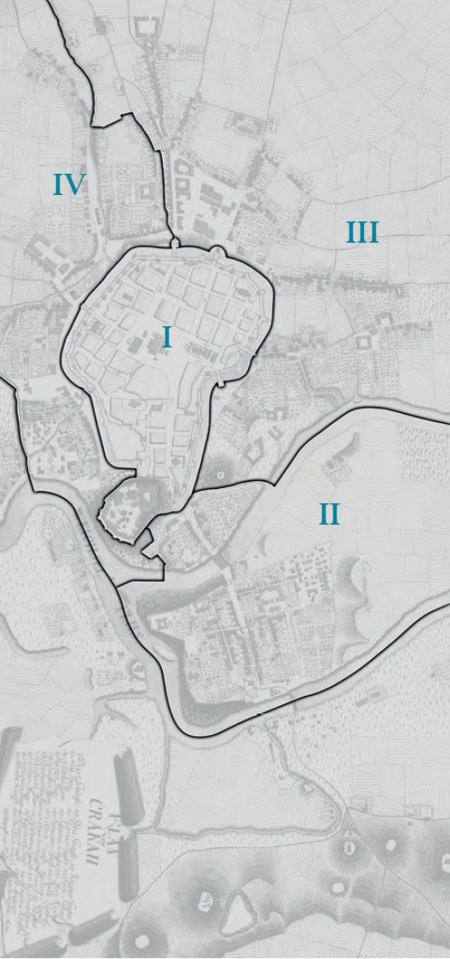 Plan konturowy podziału na miasto i wydziały z lat 1802–1811
na podkładzie planu miasta
przedstawionego w pełnym kształcie na s. 308