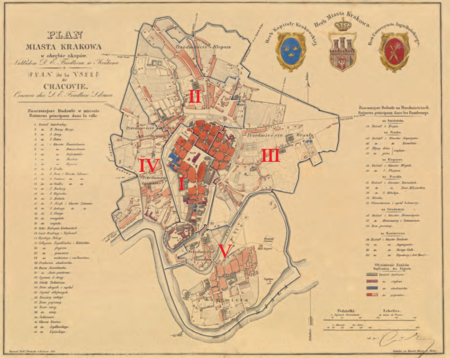 Podział Krakowa na 5 cyrkułów, nazwanych w 1848 r. obwodami, według stanu z roku 1838 –
na Planie miasta Krakowa w obrębie okopów autorstwa Teofila Żebrawskiego opublikowanym w 1836 r.
Podstawa rysunku granic cyrkułów: vide s. 124
(Archiwum Narodowe w Krakowie, sygn. Zb. Kart. II 30)