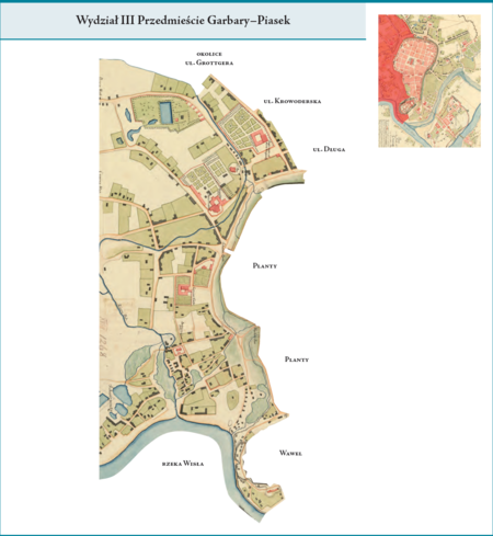 Wydział III Przedmieście Garbary–Piasek według stanu z roku 1794 na przywołanym wcześniej planie miasta z 1794 r.
Obejmował on zachodnie tereny miasta przyłączone w 1792 r. (d. jurydyki Biskupie, Garbary, Retoryka, Smoleńsk,
Wielkorządowa, Podzamcze i in., jak również Krupniki oraz fragmenty terenów Łobzowa, Nowej Wsi, Czarnej Wsi
i Półwsia Zwierzynieckiego). O ile można zakreślić granice północną, wschodnią i południową Wydziału III, to granica
zachodnia musi tu pozostać otwarta – prawna stabilizacja przynależności terenów przyłączonych nastąpiła w zasadzie
dopiero w 1802 r., stanowiąc jednak nadal przedmiot sporów przez dziesiątki lat (kwestie Czarnej Wsi i Zwierzyńca).
Użyte przy powyższym planie dzielnicy nazwy terenowe podano według nazewnictwa obowiązującego aktualnie.