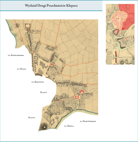 Wydział Drugi Przedmieście Kleparz według stanu z roku 1802 na przywołanym wcześniej planie miasta z 1792 r.
W granicach tej dzielnicy, którą stanowił Wydział Drugi, znajdowały się Kleparz oraz dawne jurydyki, których przyłączenie
do Krakowa ostatecznie potwierdzono w 1802 r. Dla obszaru złożonego z szeregu byłych jurydyk położonych po wschodniej
stronie miasta przyjęła się zbiorcza nazwa „Wesoła” (od nazwy jednej z tych jurydyk), z czasem ten teren stanie się
wyodrębnionym Przedmieściem Wesoła. W omawianym okresie ta część miasta już bywała eksponowana w nazwie Wydziału
Drugiego – w aktach magistrackich spotykamy nazwę tego wydziału w postaci „Przedmieście Kleparz z Wesołą”. Użyte przy
powyższym planie wydziału nazwy terenowe podano według nazewnictwa obowiązującego aktualnie.