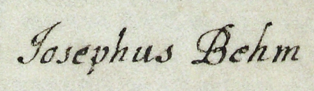 Z urzędowego spisu rajców obejmującego lata 1363–1802 fragment strony 38 z wpisem z 1702 roku
o wyborze do rady po śmierci Jacka Łopackiego (nr 516) nowego rajcy, męża, jak zapisano, „w którego rodzinie były tradycje
sprawowania urzędu rajcy, zarówno ze strony matki, jak i ojca; mężem tym był szlachetny i czcigodny Józef Behm,
ławnik krakowski, obdarzony niezwykłymi talentami, dojrzały wiekiem, ale o świeżym umyśle” – oraz powiększenie zapisu imienia
(Archiwum Państwowe w Krakowie, sygn. rkps 1477, s. 38)