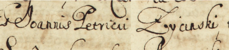 Z księgi radzieckiej Kazimierza obejmującej lata 1669–1675: dokonany w 1669 roku wpis elekcji rajców
urzędujących na tenże rok, z Janem Piotrem Życińskim w składzie – zbliżenie zapisu imienia
(Archiwum Narodowe w Krakowie, sygn. K 43, s. 17)