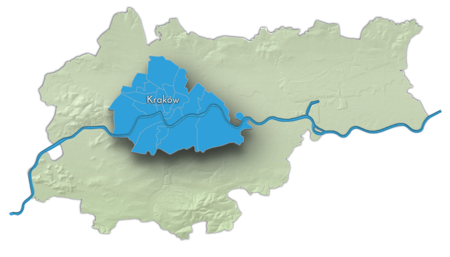 Stan w 1915 roku

Na planie obrazującym dzisiejsze granice Krakowa powierzchnia miasta z roku 1915 (kolor niebieski), po przyłączeniu do Krakowa miasta
Podgórza. Wielki Kraków tworzyły wówczas następujące dzielnice (gminy) katastralne: I. Śródmieście; II. Wawel-Zamek; III. Nowy Świat;
IV. Piasek; V. Kleparz; VI. Wesoła; VII. Stradom; VIII. Kazimierz; IX. Ludwinów; X. Zakrzówek; XI. Dębniki; XII. Półwsie Zwierzynieckie;
XIII. Zwierzyniec; XIV. Czarna Wieś; XV. Nowa Wieś Narodowa; XVI. Łobzów; XVII. Krowodrza; XVIII. Warszawskie (utworzone
z południowych części wsi Prądnik Czerwony i Olsza, które w całości włączone zostały do Krakowa dopiero w 1941 roku); XIX. Grzegórzki;
XX. Dąbie; XXI. Płaszów; XXII. Podgórze. Powierzchnię tę skorygowano w roku 1917 – zakupując dla miasta Las Wolski, w roku 1925 –
włączając w granice miasta obszary dworskie Piaski i Łobzów, oraz w 1926 roku – przyłączając do miasta grunty z gminy Wola Duchacka
w związku z tworzeniem nowego cmentarza izraelickiego.