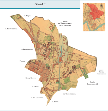 Obwód II według stanu z roku 1855 na przywołanym wcześniej planie miasta z 1879 r. – dzielnica ukształtowana na terenie
poprzedniego Cyrkułu–Obwodu III, jednak ze zmianami. Objęła obszar najstarszej części miasta w obrębie murów od linii
ul. Szczepańskiej, linii A–B Rynku Głównego i linii ul. Siennej na północ, czyli bez Rynku Głównego, ale z pl. Szczepańskim i Małym
Rynkiem. Ponadto powierzchnię tego obwodu stanowiły Przedmieścia Kleparz i Wesoła, od ul. Krowoderskiej na północy, po znajdujące
się w Obwodzie III Przedmieście Stradom na południu miasta. Co do zasady ten kształt dzielnicy–Obwodu II przetrwa ponad 80 lat,
do roku 1938. Użyte przy powyższym planie dzielnicy nazwy terenowe podano według nazewnictwa obowiązującego aktualnie.