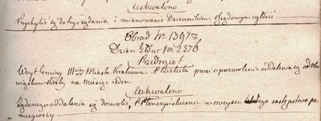 Z sentencjonarza obrad Senatu Rządzącego Wolnego Miasta Krakowa wpis z 1819 r. dotyczący wójta Pawła Bieleckiego
(Archiwum Narodowe w Krakowie, sygn. WMK IV-6, s. 195)