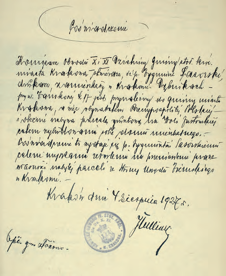 Z akt Państwowego Urzędu Ziemskiego Krakowskiego Sprawy rustykalne głównie zezwolenia na
przewłaszczenie gruntów poświadczenie wydane w 1927 r. przez komisarza Jana Tulliusa
(Archiwum Narodowe w Krakowie, sygn. PUZKr 61, s. 325)