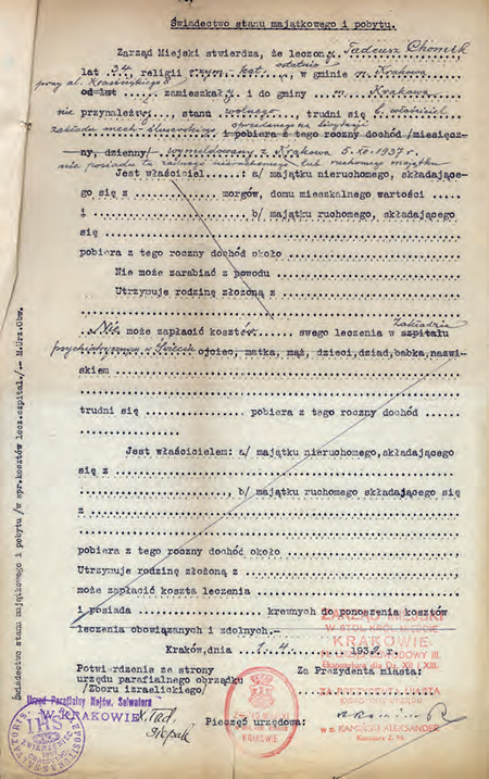 Z akt magistrackich dotyczących przynależności świadectwo stanu majątkowego
i pobytu wystawione w 1939 r. przez zastępcę kierownika Aleksandra Kamińskiego
(Archiwum Narodowe w Krakowie, sygn. Kr 5249, nlb)